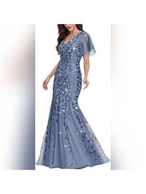 NWT YHHOWEP Sparkly Sequin Elegant Tulle Sleeve Formal Evening Gown Dress, XL